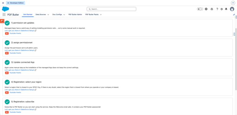 PDF Butler Get Started — setup checklist showing permission set updates, region registration and subscription steps