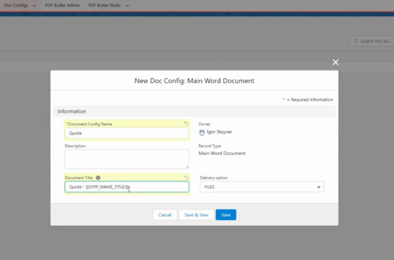 Salesforce Opportunity Custom Links section showing Open PDF Butler link