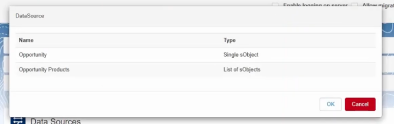 DataSource field configuration showing fields Id, Amount, Owner Name, Owner Email, Account Name, Billing Country, Billing Street with type selectors