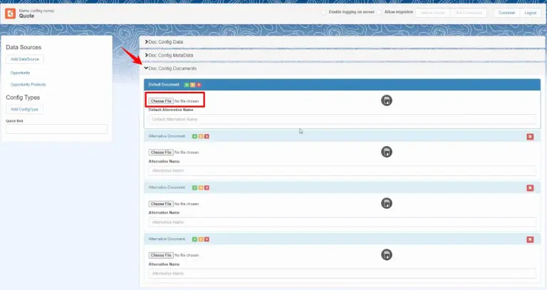 Config Type modal showing Datasource dropdown with Opportunity selected from available data sources