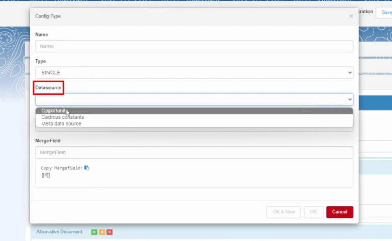 Config Type dialog showing SINGLE-CUSTOMER_NAME mapping: Account Name field from Opportunity datasource mapped to CUSTOMER_NAME merge field