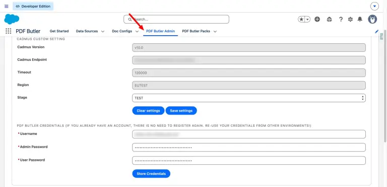 PDF Butler Admin settings panel showing Cadmus endpoint, region, stage and stored credentials