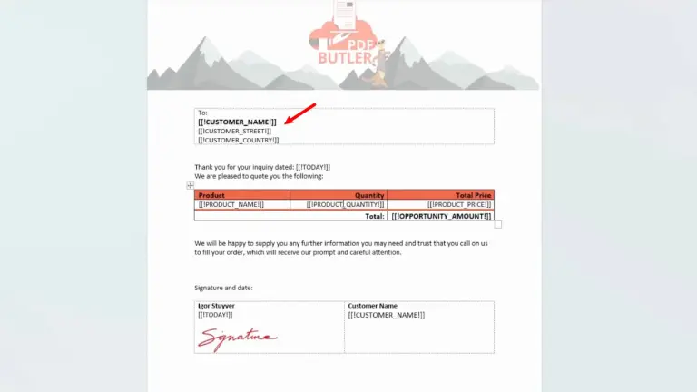 PDF Butler Word template with merge fields for customer name, address, product table and signature block