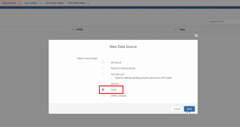 PDF Butler Data Source record for Opportunity showing SOQL type, single sObject, and SOQL query SELECT Id FROM Account WHERE Id = recordId