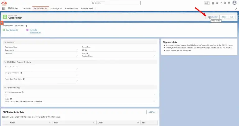 SOQL Builder Review tab showing selected fields: Opportunity ID, Amount, Full Name, Email, Account Name, Billing Country, Billing Street with generated SOQL query