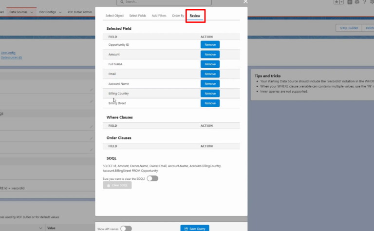 SOQL Builder Add Filters tab showing WHERE clause creation for Opportunity ID equals recordId