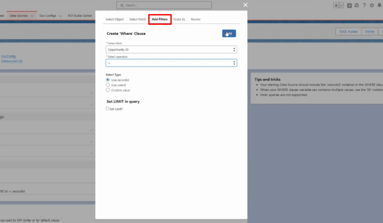 New Doc Config modal showing document type selection: Main Word Document selected