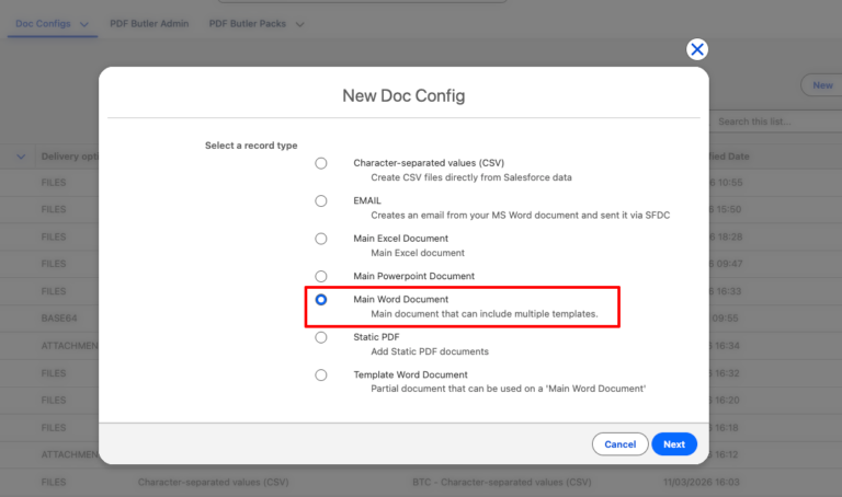 New Doc Config Main Word Document form showing document config name Quote and dynamic title using OPP_NAME_TITLE merge field